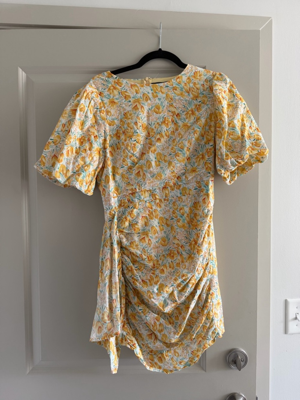 Yellow Floral Short Sleeve Wrap-Style Dress